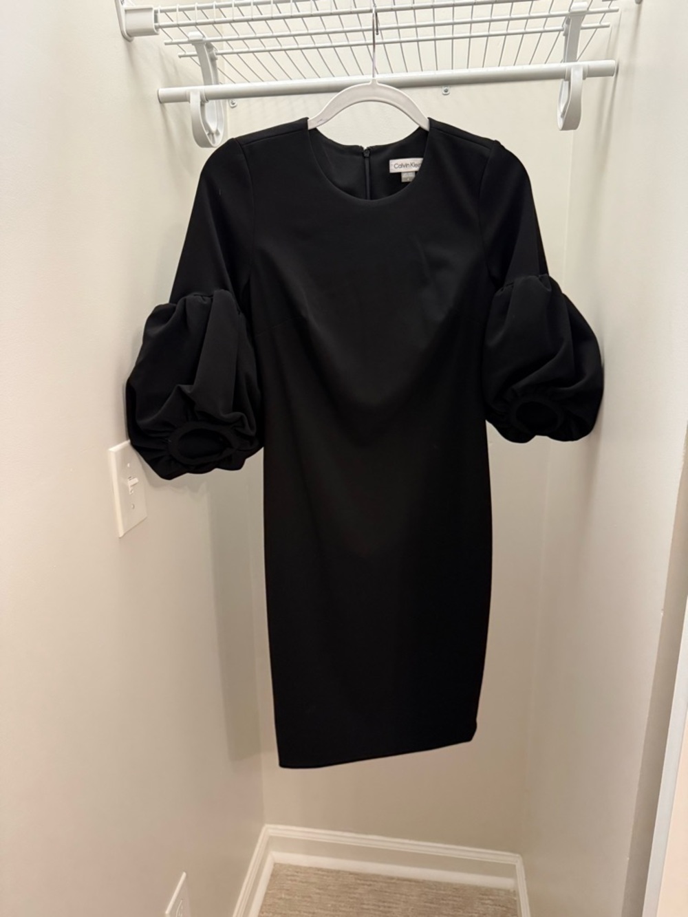 Calvin Klein Black Midi Dress with Statement Puff Sleeves